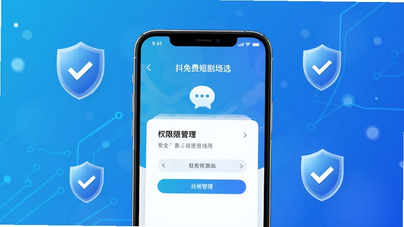 抖免费短剧精选安全使用场景图,画面中央展示一部手机屏幕显示权限管理界面,背景区域为简洁的科技蓝渐变,周围有盾牌与对勾图标点缀,整体风格干净专业,突出安全可靠的应用使用环境