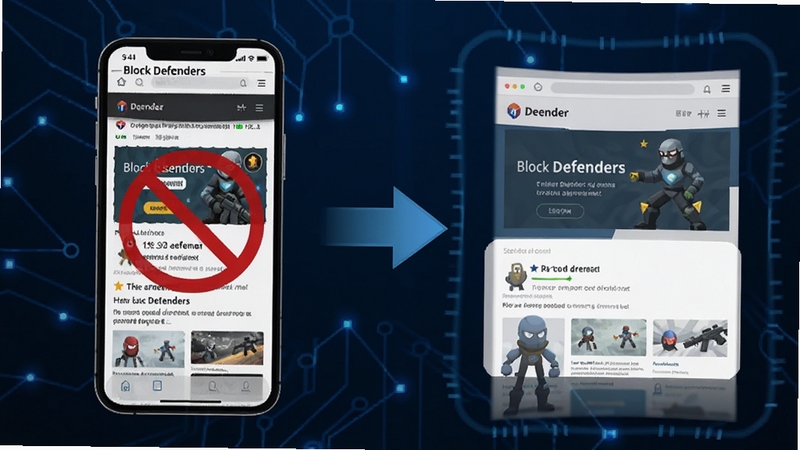 Block Defenders �������ع���ʾ��ͼ���������Ϊ�ֻ���Ļ��ʾ��ҳ��汻��ɫ��ֹ���Ÿ��ǣ��Ҳ�Ϊ���سɹ������ˬҳ�棬�м��Լ�ͷ���ӣ�����Ϊ����ɫ�Ƽ�������ͻ������ʶ������˸������Booguģ������