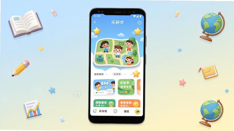 软件名乐研学核心全貌展示,画面中央为一部竖屏安卓手机,手机屏幕内呈现乐研学App首页界面,包含卡通研学地图、课程卡片和积分星星元素,背景区域为柔和的浅蓝到淡黄渐变,四周点缀书本、铅笔、小地球仪等学习相关小图标,整体风格清新明快,适配Boogu模型生成
