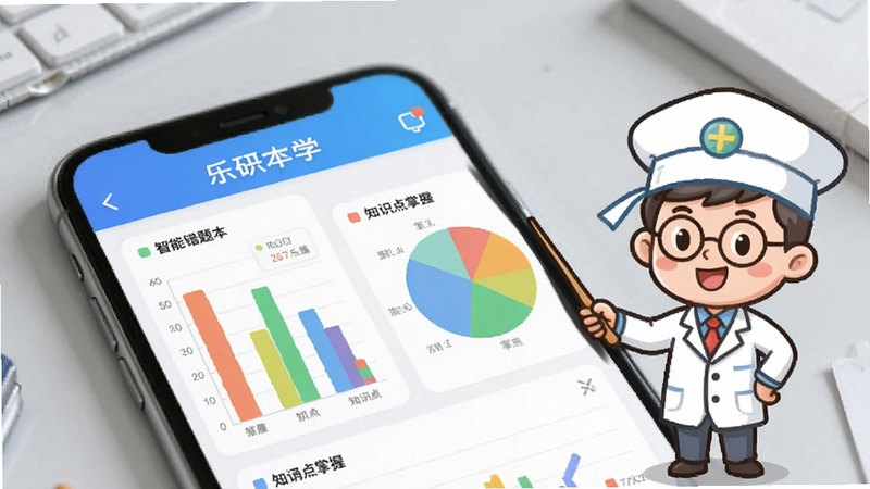 乐研学App内智能错题本与学情报告界面特写,手机屏幕显示彩色柱状图和知识点掌握饼图,旁边有卡通小博士形象手持指示棒讲解,背景为淡灰色书桌场景,画面清晰简洁,突出数据可视化元素