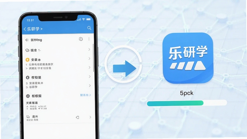 乐研学App在安卓手机上的安装与权限设置操作示意图,画面左侧为手机设置界面,右侧为乐研学图标和安装进度条,中间有箭头引导,背景为浅色科技网格纹理,整体风格简洁直观
