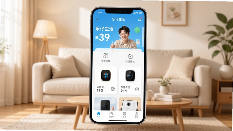 乐仔生活APP主界面全貌展示,画面主体为居中放置的手机屏幕,屏幕内呈现乐仔生活应用首页,背景为温暖居家客厅环境,浅色调,柔和光线,整体构图简洁清爽,突出软件核心功能区域与设备卡片布局