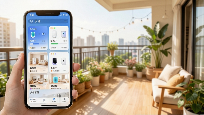 乐仔生活APP多设备管理界面,手机屏幕显示多个设备卡片按房间分组排列,背景为温馨家庭阳台场景,画面明亮通透,体现智能家居统一管理的便捷感