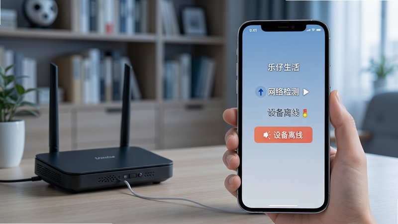 乐仔生活APP故障排查示意图,手机屏幕显示网络检测与设备离线提示页面,背景为居家书房环境,画面中有路由器与手机,色调冷静理性,突出解决问题场景