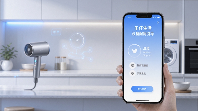 乐仔生活APP设备配网引导页面,手机屏幕显示配网进度与提示文字,背景为现代简约厨房场景,画面中有智能吹风机和洗衣机轮廓,柔和蓝白配色,科技感与生活感融合