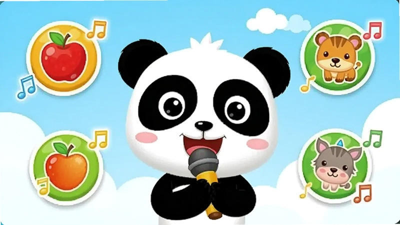 宝宝学分类-宝宝巴士 语音互动场景,画面中熊猫角色手持麦克风,周围漂浮着水果和动物图标,每个图标旁边有音符符号表示发音,背景为浅蓝色天空与白云,卡通风格,色彩鲜艳,适合儿童早教软件宣传图
