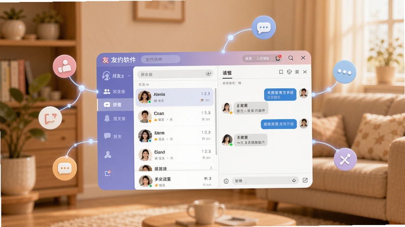 画面中心位置展示友约软件主界面,背景为温馨的室内环境,浅暖色调,界面清晰显示好友列表与聊天窗口,周围点缀简约的社交图标与连接线条,整体风格现代亲和,适配Boogu模型生成