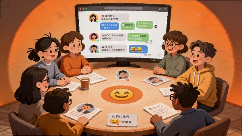 友约群组聊天场景,多个用户头像围绕圆形话题桌,屏幕显示聊天消息与表情,背景为暖橙色光晕,体现多人互动的热闹感