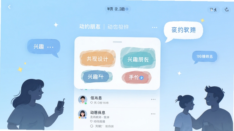 友约软件界面截图风格,画面中央为兴趣标签卡片与动态信息流,背景为浅蓝色渐变,人物剪影与对话气泡点缀,突出发现新朋友的轻松氛围