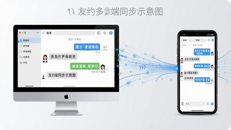 友约多端同步示意图,左侧为电脑屏幕,右侧为手机屏幕,两者之间用数据流线条连接,屏幕内显示相同聊天界面,背景为简洁白色与浅灰,突出同步概念
