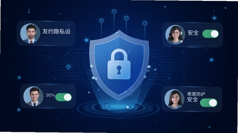 友约隐私设置界面概念图,盾牌与锁形图标位于画面中心,周围环绕用户头像与安全选项开关,背景为深蓝色科技感渐变,突出安全防护主题