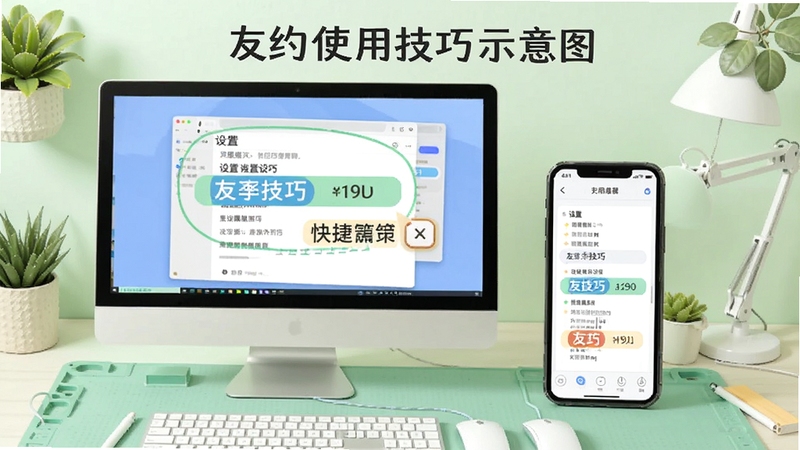 友约使用技巧示意图,画面展示电脑与手机并排,屏幕上高亮显示设置选项与快捷键提示,背景为淡绿色工作台,整体风格清新实用