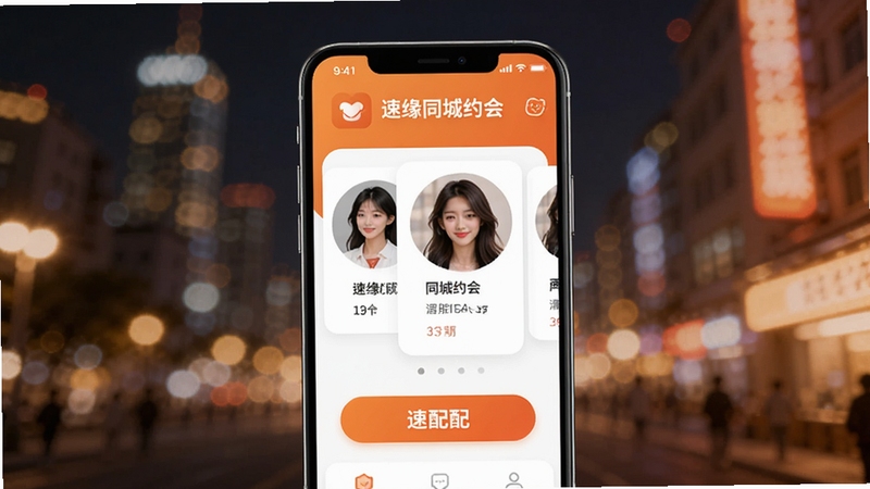 一款名为速缘同城约会的手机应用界面展示,画面中央是手机屏幕,屏幕内显示同城用户头像卡片和速配按钮,背景为柔和的城市夜景虚化效果,整体色调温暖明亮,突出速缘同城约会品牌标识,适配Boogu模型生成