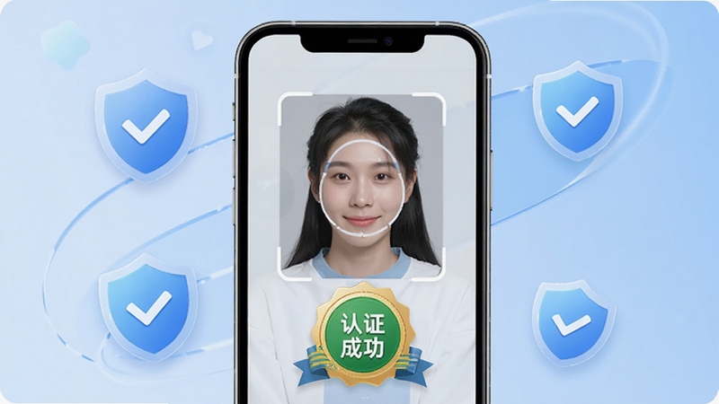 速缘同城约会真人认证流程界面,画面主体为手机屏幕显示人脸识别框和认证成功徽章,背景为浅蓝色渐变,周围环绕盾牌与勾选图标,强调安全可信,适配Boogu模型生成