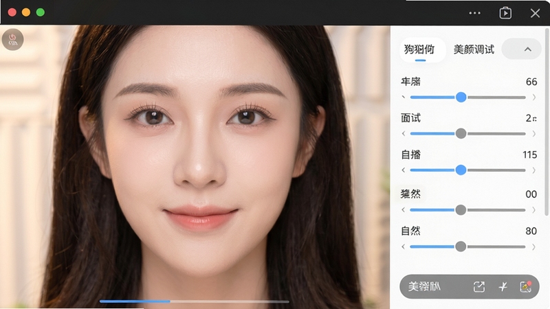 酷狗直播伴侣美颜调试界面特写,展示主播面部预览与右侧参数滑块,画面明亮柔和,突出高清画质与自然美颜效果
