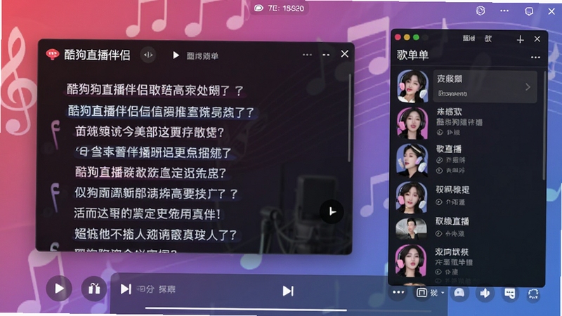 酷狗直播伴侣桌面歌词悬浮窗与歌单列表,画面中歌词高亮滚动,背景为音乐主题的渐变色彩,突出唱歌直播场景