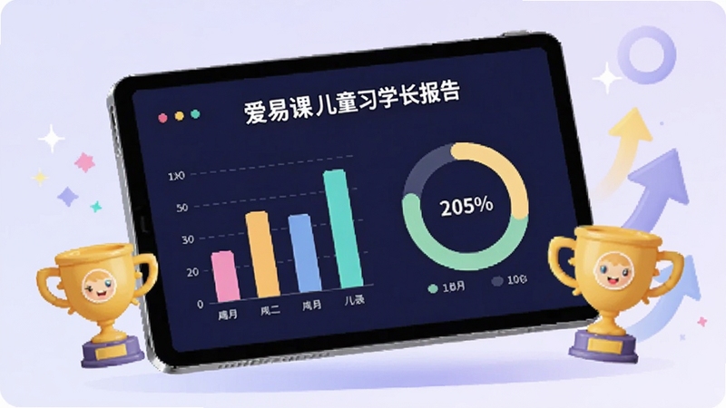 爱易课 儿童版学习报告数据图表界面,画面主体为悬浮的平板屏幕,屏幕中显示柱状图和环形进度条,旁边有卡通小奖杯和上升箭头,背景为淡紫色渐变,突出数据分析与成长记录