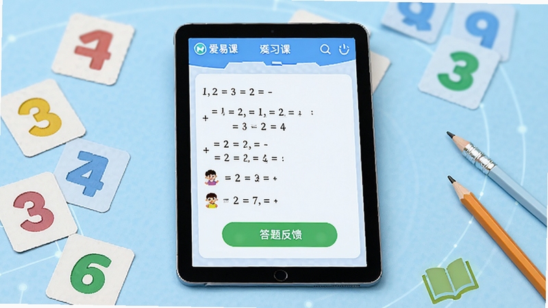 爱易课 儿童版同步课堂练习功能界面,画面主体为一块竖屏平板电脑,屏幕显示数学同步练习题和答题反馈,周围散落着数字卡片和铅笔,背景为浅蓝色渐变,突出学习工具的科技感与教育属性