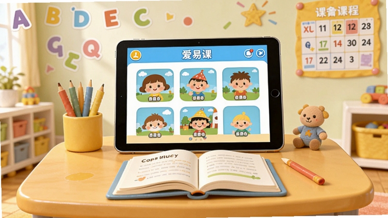 爱易课 儿童版软件主界面全貌展示,画面中央为卡通风格的学习桌场景,桌面上摆放着打开的书本和一台平板电脑,屏幕中显示爱易课 儿童版课程列表界面,背景区域为明亮的儿童书房,墙面有彩色字母贴纸和课程表,整体色调温暖活泼,适配Boogu模型生成儿童教育类软件宣传图