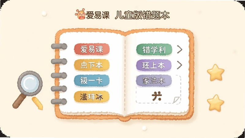 爱易课 儿童版错题本界面截图风格图,画面中心为打开的笔记本造型界面,上面列出不同颜色的错题标签和学科分类,旁边有放大镜和星星图标,背景为柔和的米黄色,体现整理归纳的学习氛围