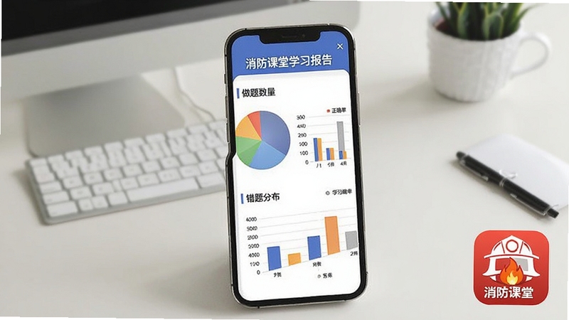 消防课堂学习报告页面,手机屏幕展示饼状图与柱状图的学习数据统计,包括做题数量、正确率、错题分布等,背景为简约办公桌面,消防课堂APP图标位于画面一角