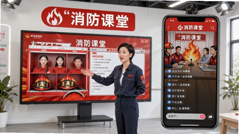 消防课堂直播课程场景,画面中一位讲师正在屏幕前讲解消防知识,旁边显示手机端消防课堂直播界面,观众可通过弹幕提问,背景为明亮的直播间,消防课堂标识醒目