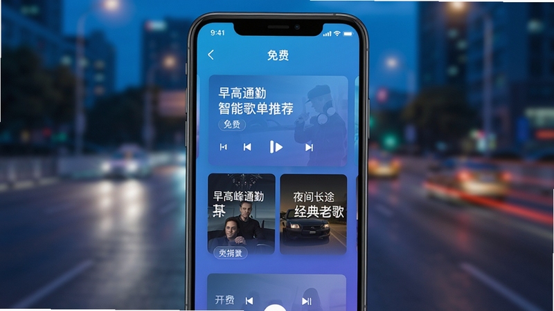 汽车音乐播放免费 智能歌单推荐界面 手机屏幕显示多个分类歌单卡片 早高峰通勤 夜间长途 经典老歌 标签清晰 背景为城市道路虚化 蓝色渐变色调 高清APP截图风格