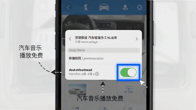 汽车音乐播放免费 使用教程步骤图 手机屏幕显示安装权限设置界面 存储权限和通知权限开关 蓝色高亮标注 背景为浅灰色 清晰的操作指引风格