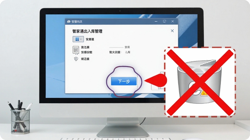 管家通出入库管理安装配置流程图解,画面展示电脑屏幕上安装向导的下一步按钮被高亮圈出,旁边有红色警示标志指向C盘图标并划叉,背景为简洁的办公桌面,画面清晰直观