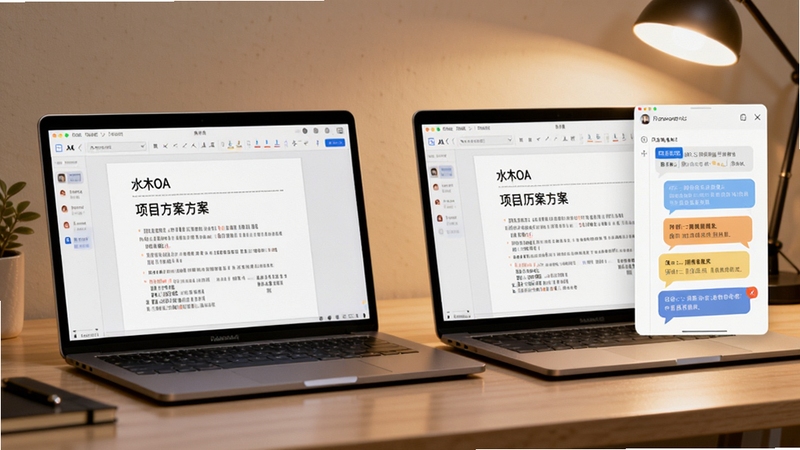 水木OA 文档在线协作编辑场景图,画面展示两台笔记本电脑并排摆放,屏幕中显示同一份项目方案文档,右侧浮窗呈现历史版本对比与评论批注气泡,桌面整洁,暖色灯光,突出团队协作氛围,画面风格写实细腻,适配Boogu模型生成
