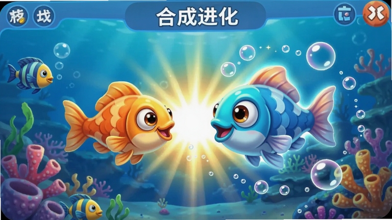 萌鱼泡泡 合成进化界面 两条小鱼合并 光芒四射 新鱼诞生 气泡特效 卡通海洋风格