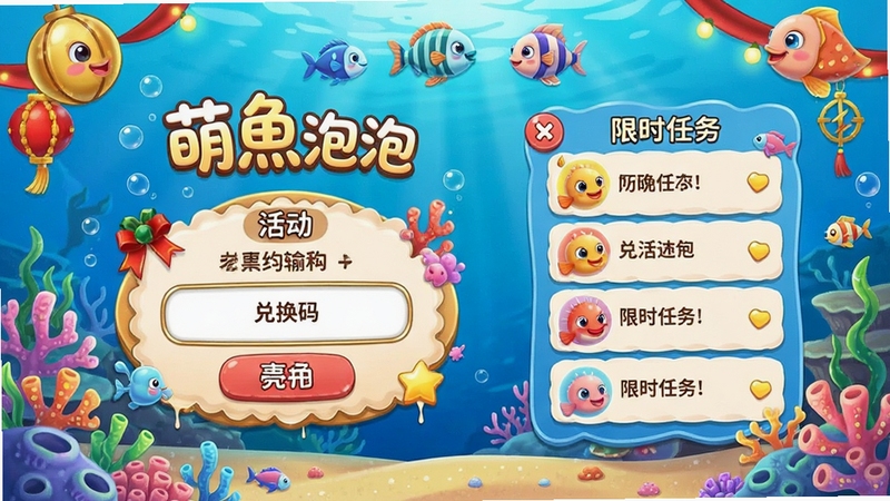 萌鱼泡泡 活动界面 节日装饰 兑换码输入框 限时任务列表 海洋主题 卡通风格