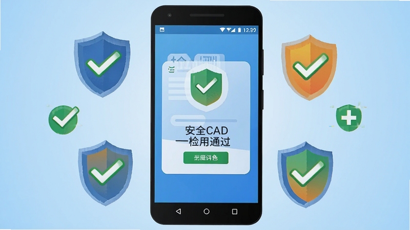 免费CAD一键看图安全使用示意图,画面主体为一部安卓手机屏幕显示安全检测通过界面,屏幕周围环绕着盾牌图标和绿色对勾符号,背景为浅蓝色渐变,画面风格为扁平化安全主题插画,突出安全可靠。