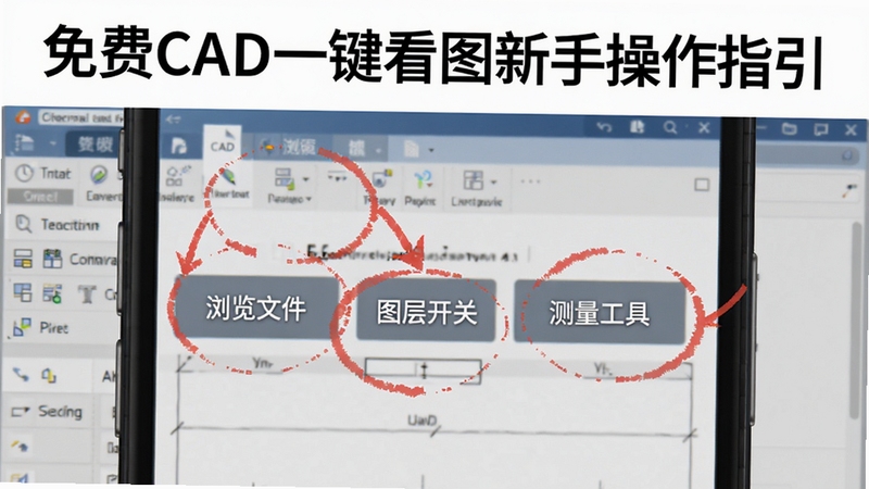 免费CAD一键看图新手操作指引图,画面为手机屏幕截图,屏幕上用红色圆圈和箭头标注了“浏览文件”、“图层开关”、“测量工具”三个按钮的位置,背景为软件主界面,画面风格为教程图解,清晰易懂。