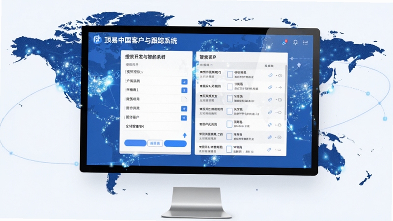顶易中国客户开发与跟踪系统智能搜索界面展示,画面中央为搜索条件面板与结果列表,背景为世界地图光点分布,色调以蓝白为主,体现全球客户开发主题