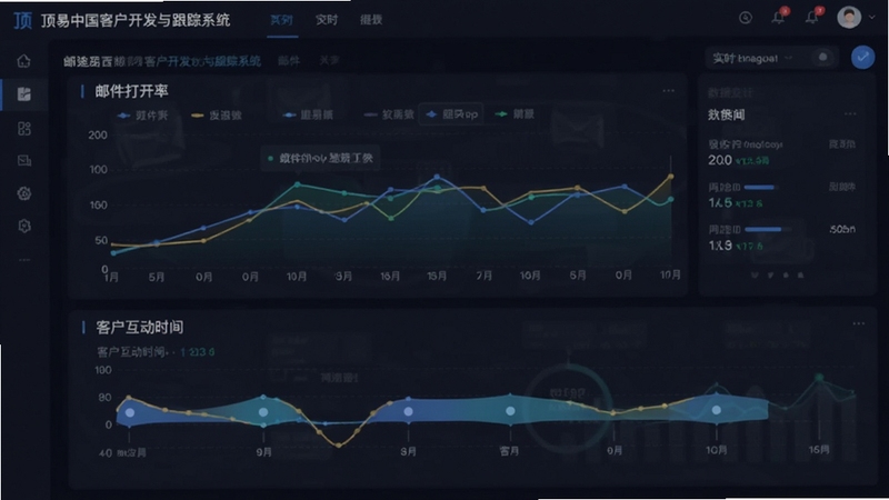 顶易中国客户开发与跟踪系统邮件追踪面板,画面主体为邮件打开率折线图与客户互动时间轴,背景为深色数据看板风格,突出实时反馈与数据可视化