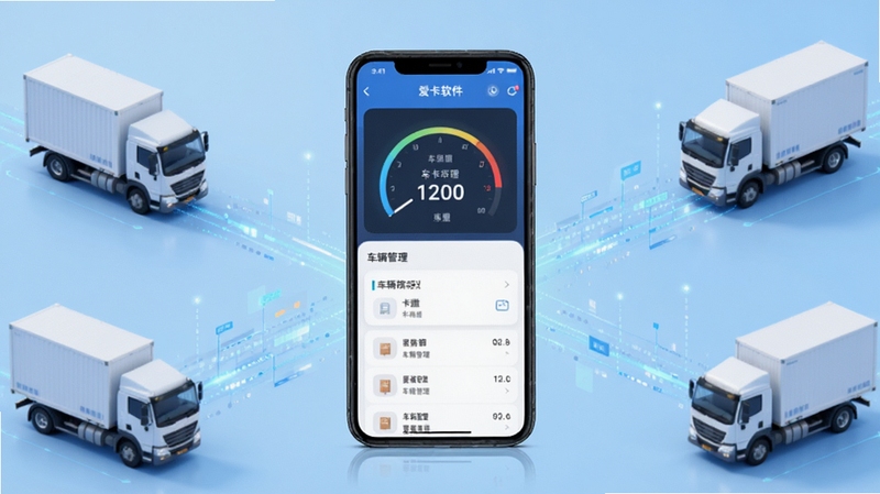 爱卡狮软件主界面全貌展示,画面中央为手机屏幕显示称重数据仪表盘与车辆管理列表,背景为浅蓝色渐变科技风格,四周点缀物流货车与数据流线条元素,整体构图简洁明快,适配Boogu模型生成