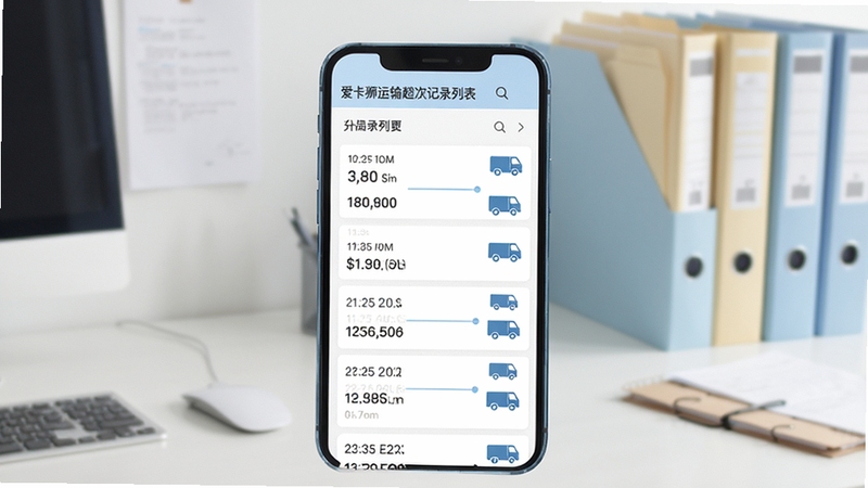 爱卡狮运输趟次记录列表界面,手机屏幕展示多条按时间排序的运输记录,每条包含载重数字与车辆图标,背景为简约办公桌面与文件夹,整体色调清新柔和