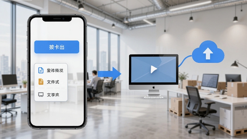 爱卡狮数据导出与分享功能示意图,手机屏幕显示导出按钮与文件格式选项,旁边有箭头指向电脑与云端图标,背景为现代化物流办公室,风格商务简洁