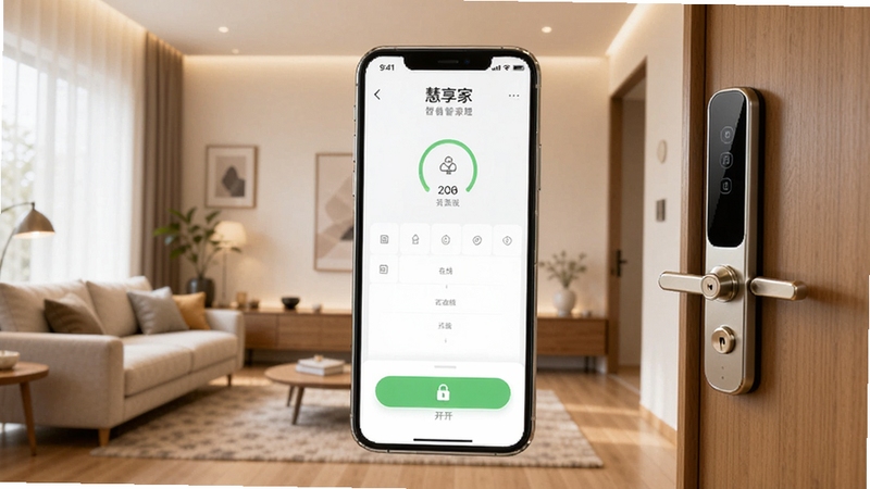 慧享家智能家居APP主界面展示,画面中央一部智能手机显示慧享家门锁管理界面,背景为现代简约风格的客厅场景,智能门锁安装在画面右侧木门上,整体色调温馨明亮,UI界面清晰展示设备在线状态与开锁按钮,适配Boogu模型生成