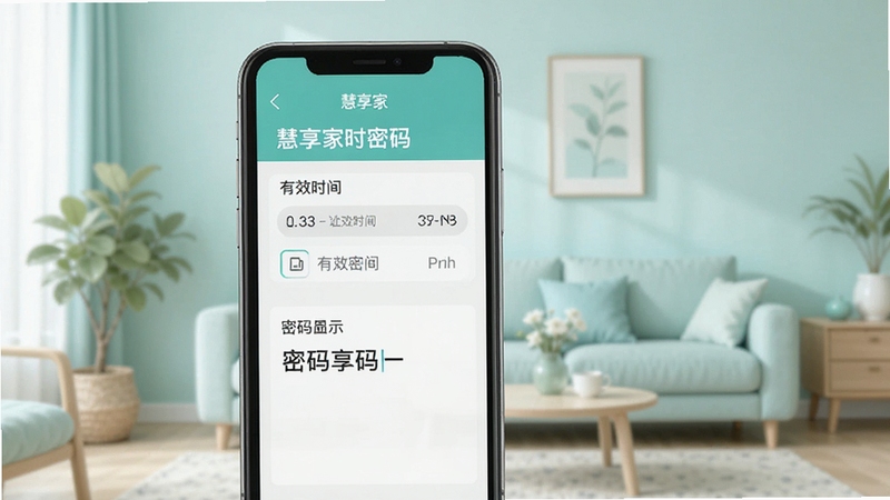 慧享家APP临时密码设置界面,手机屏幕展示慧享家临时密码生成页面,包含有效时间选择器与密码显示区域,背景为清新浅色家居环境,画面简洁直观,适配Boogu模型生成