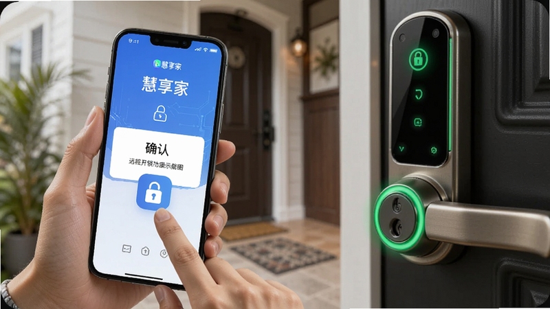 慧享家APP远程开锁功能示意图,画面中一只手拿着手机点击屏幕上的开锁图标,手机屏幕显示慧享家远程开锁确认界面,背景是家门口场景,门锁指示灯亮起绿色,整体风格科技感十足,适配Boogu模型生成