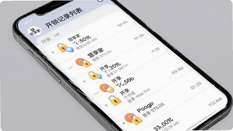 慧享家APP开锁记录列表界面,手机屏幕显示慧享家开锁记录页面,按时间顺序排列多条开锁记录,每条记录带有开锁方式图标和时间戳,背景为柔和灰色调,适配Boogu模型生成