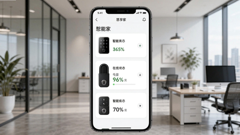 慧享家APP设备列表管理界面,手机屏幕展示慧享家多设备管理页面,列出三把智能锁及各自在线状态与电量百分比,背景为现代办公环境,适配Boogu模型生成