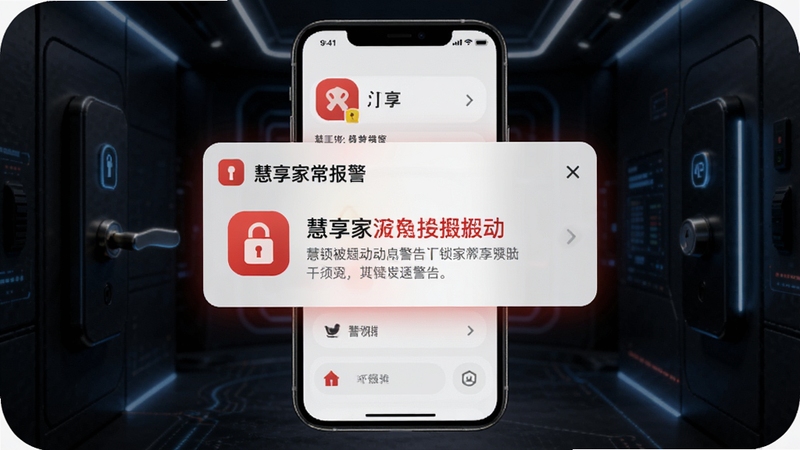 慧享家APP报警消息推送界面,手机屏幕弹出慧享家异常报警通知,显示门锁被撬动警告信息,背景为深色科技感场景,突出安全警示氛围,适配Boogu模型生成