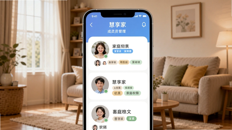 慧享家APP家庭成员权限管理界面,手机屏幕显示慧享家成员管理页面,展示多个家庭成员头像及对应权限标签,背景为温馨家庭客厅,适配Boogu模型生成