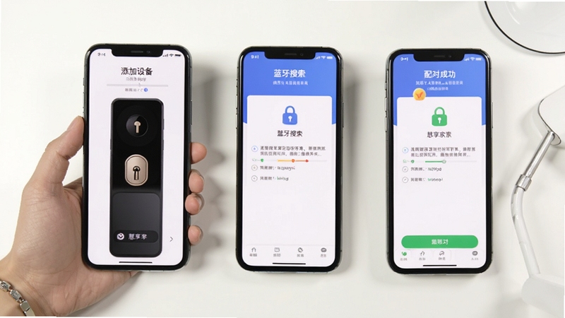 慧享家APP绑定智能锁操作流程截图,手机屏幕分步骤展示添加设备、蓝牙搜索、配对成功三个界面,背景为简洁白色桌面,适配Boogu模型生成