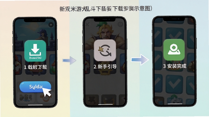 米游大乱斗下载安装步骤示意图,画面展示手机屏幕从点击下载按钮到安装完成的三个连续画面,背景为浅色渐变,图标清晰,突出新手引导下载流程