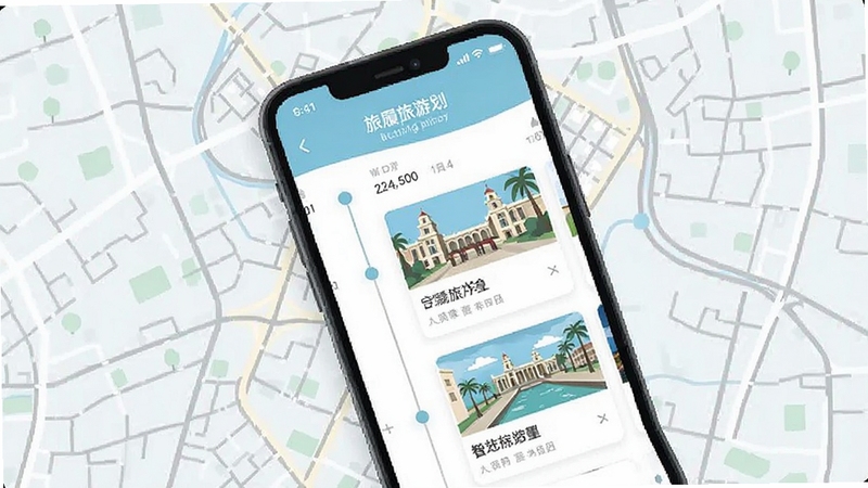 旅履旅游宝 智能行程规划界面 手机屏幕展示时间轴与景点卡片 背景是城市地图线条 清新扁平化风格