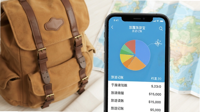 旅履旅游宝 旅途记账界面 手机屏幕显示饼状消费图表与账目列表 背景是旅行背包和地图 明亮简约风格